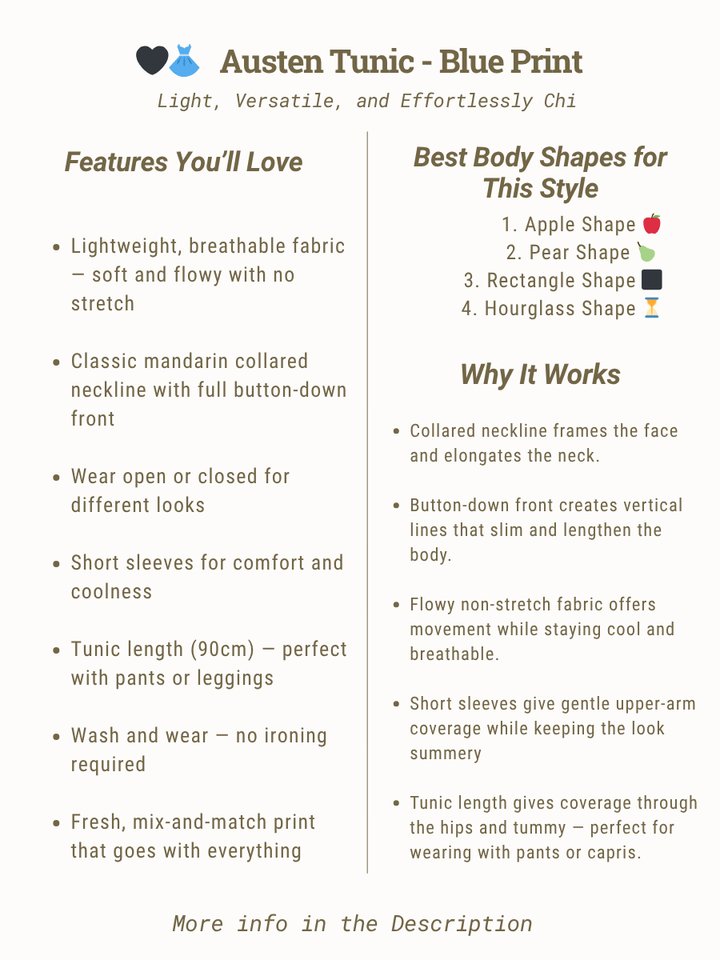 Austen Tunic - Blue Print features and best body shapes for styling, including lightweight fabric and comfortable design.