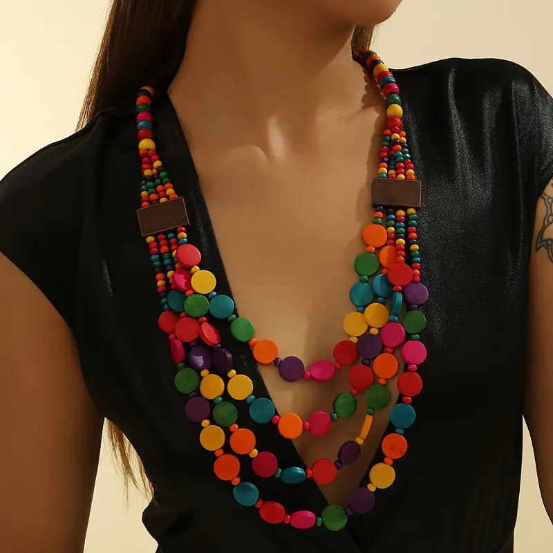 Wooden Round Piece Beaded Necklace - Multi Coloured