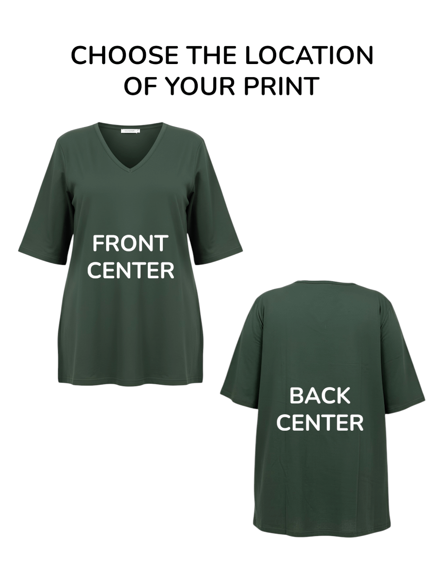 Choose the location of your print on CHRISTMAS V-neck Tees - Cotton Spandex shown in front and back views.