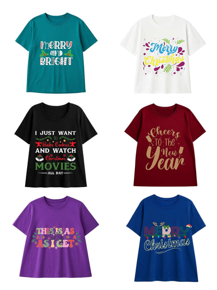 CHRISTMAS Round Neck Tees - Cotton Polyester in various colors featuring festive prints and designs.