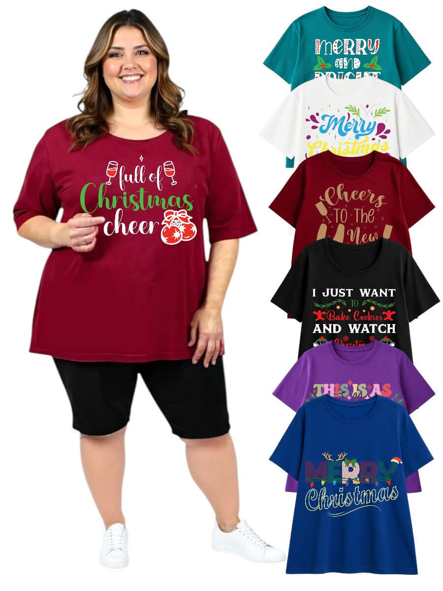 CHRISTMAS Round Neck Tees - Cotton Polyester displayed in various color options with festive prints and a model wearing one.