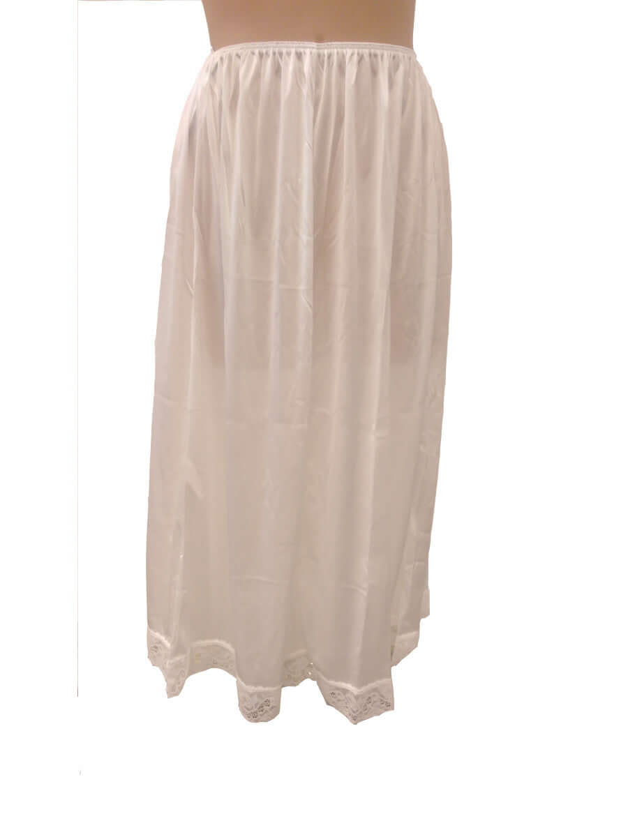 Tricot Mid Calf Slip - White featuring elastic waist and lace trim, perfect for everyday wear. Plus Size clothing at Dale and Waters.