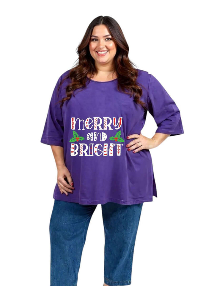 CHRISTMAS Round Neck Tees - Cotton Spandex in purple with 'Merry and Bright' design, showcasing comfort and style.