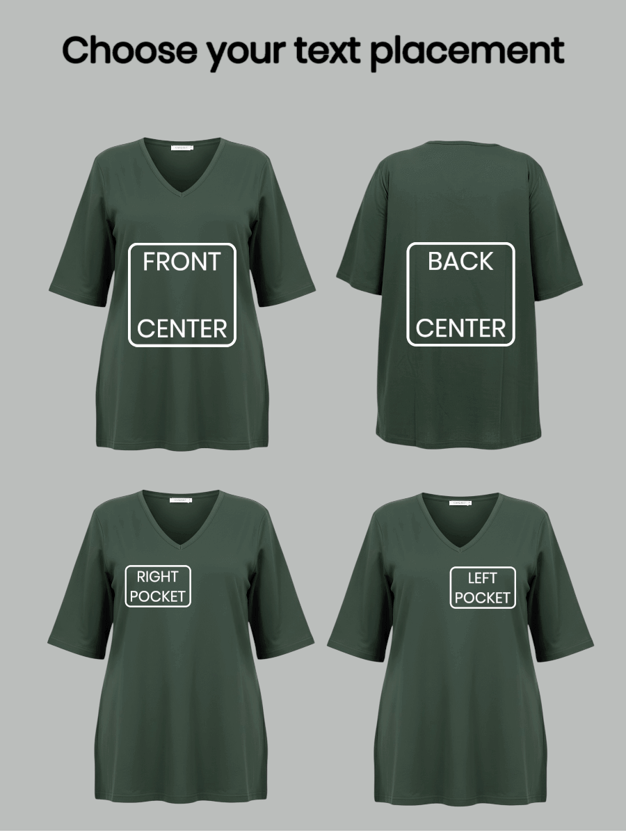 Personalized V-neck Tees - Cotton Spandex showcasing customizable text placement options on a green tee design.