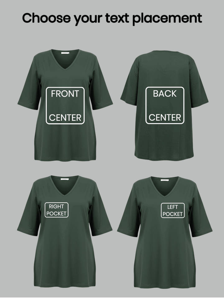 Personalized V-neck Tees - Cotton Spandex showcasing customizable text placement options on a green tee design.