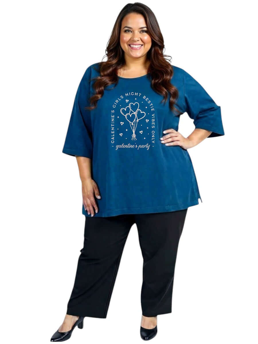 Galentine's party - Custom Print Tee worn by a plus-size woman, showcasing a unique design on a soft, stylish tee.