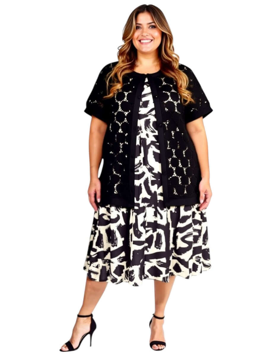 Lasalle Jacket - Black paired with a stylish dress, perfect for plus-size women seeking comfort and versatility.