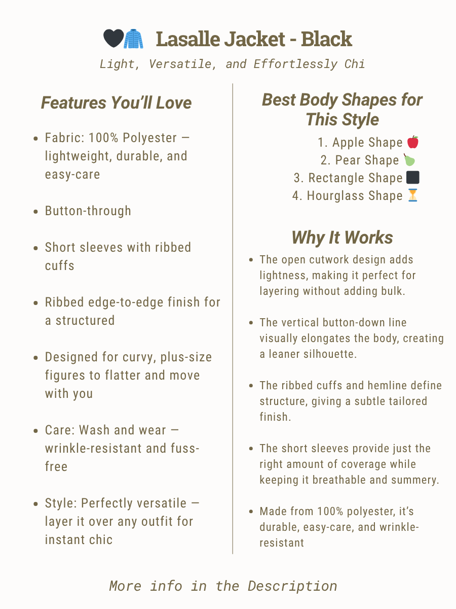 Features and styling tips for the Lasalle Jacket - Black, designed for curvy women in sizes 16-50.