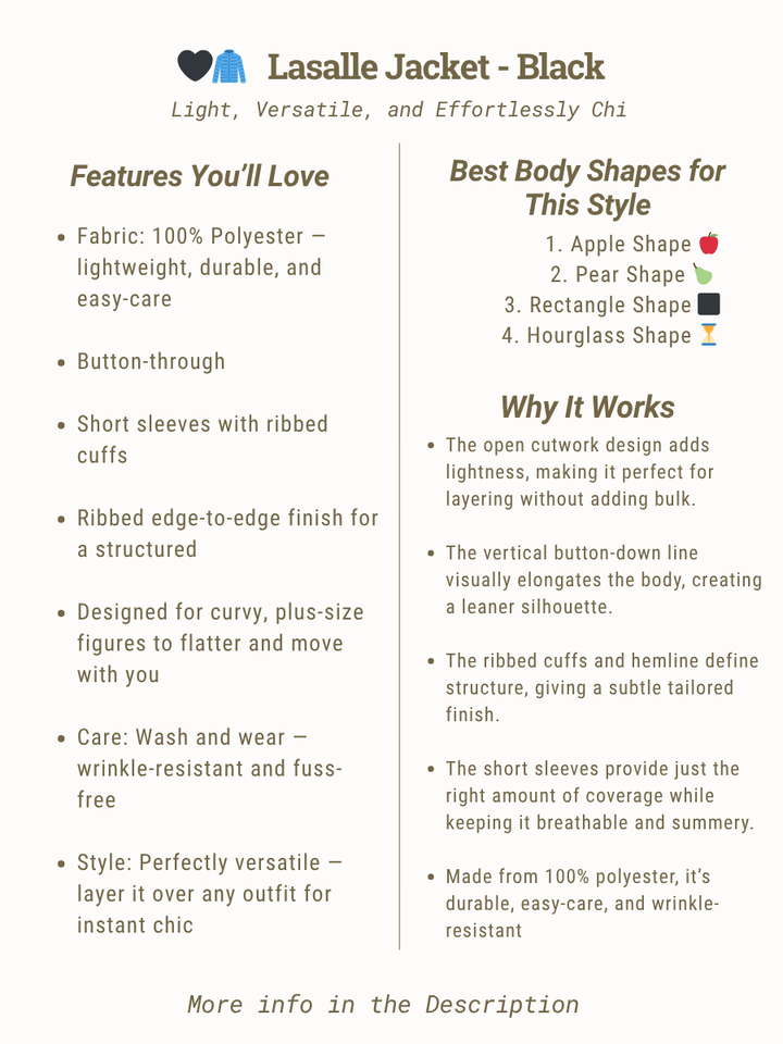 Features and styling tips for the Lasalle Jacket - Black, designed for curvy women in sizes 16-50.