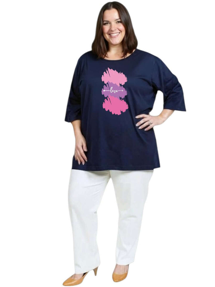 Love (arrow) - Custom Print Tee worn by a plus-size woman, showcasing customised tees, size 16-50, from Dale and Waters.