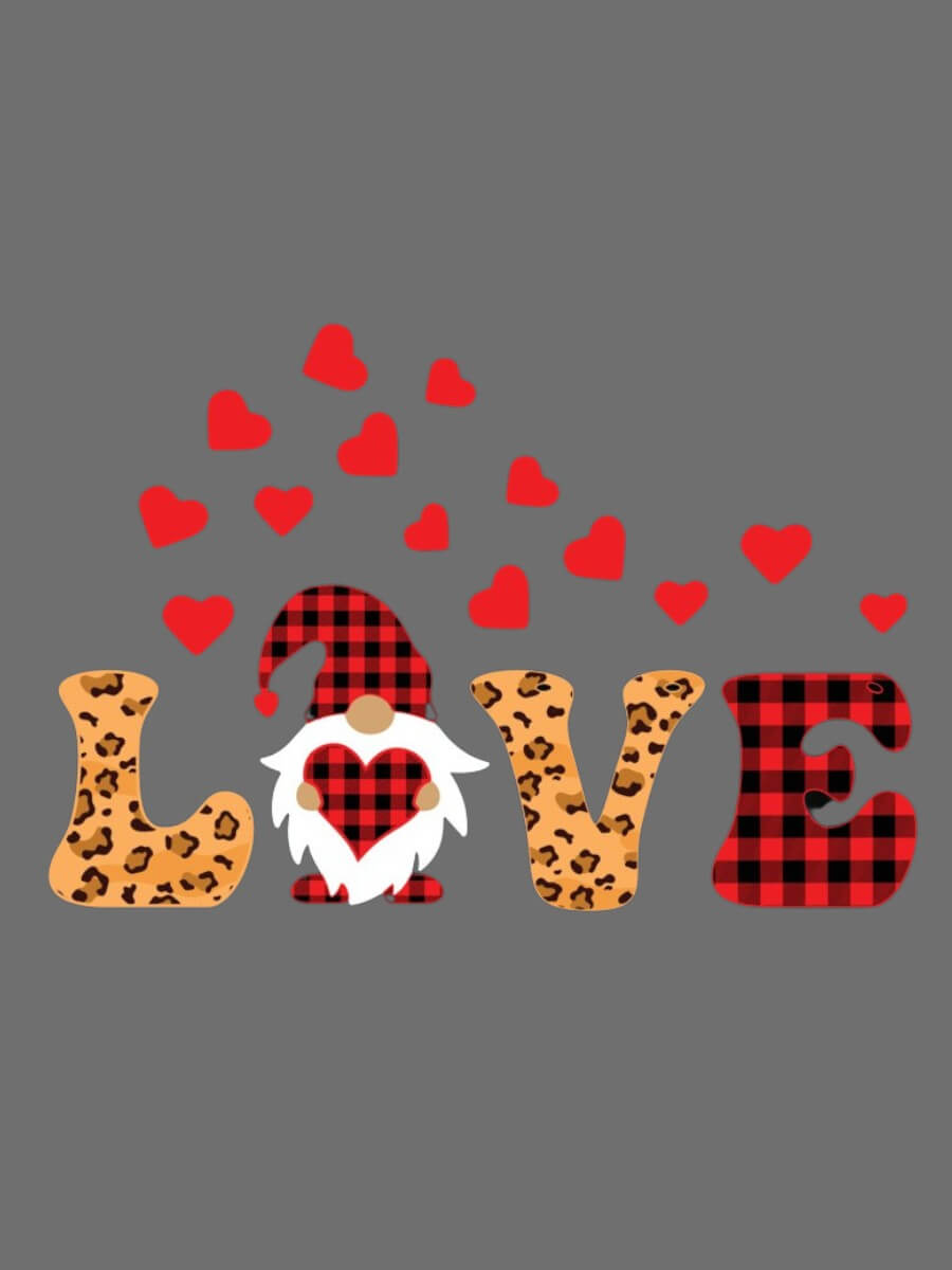 Love (hearts) - Custom Print Tee design with gnome and hearts on a grey background.