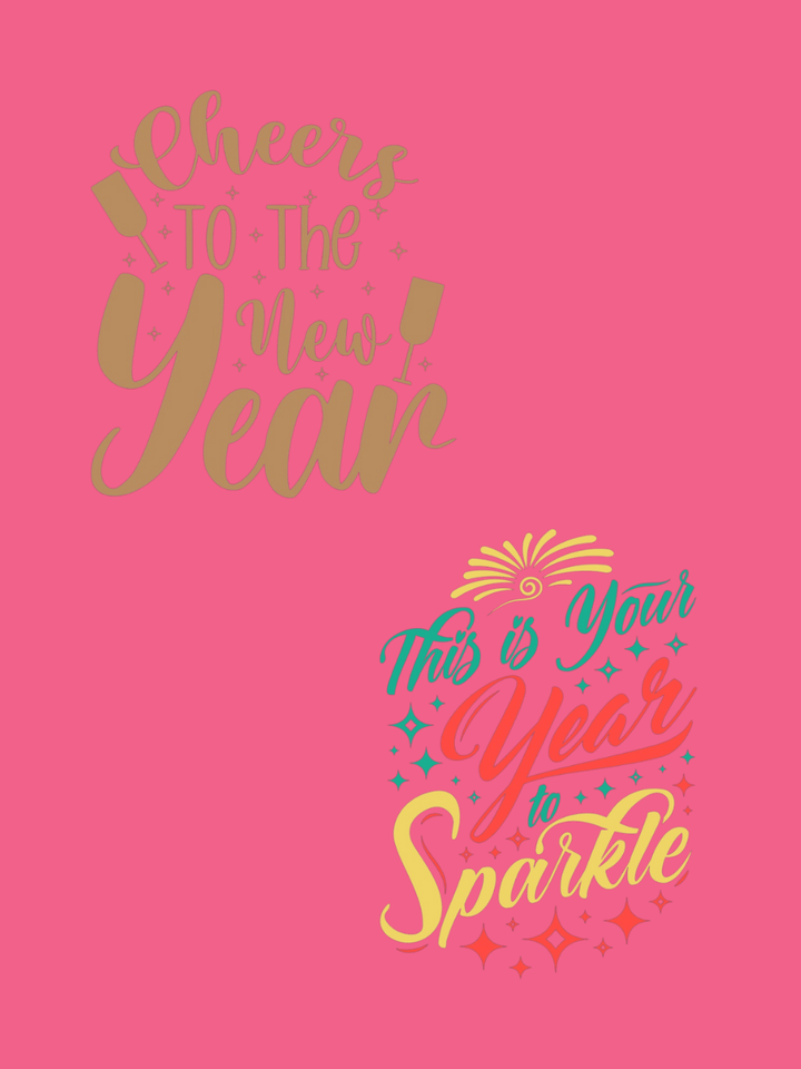 Cheers to the New Year and This is Your Year to Sparkle designs on a bright pink background.