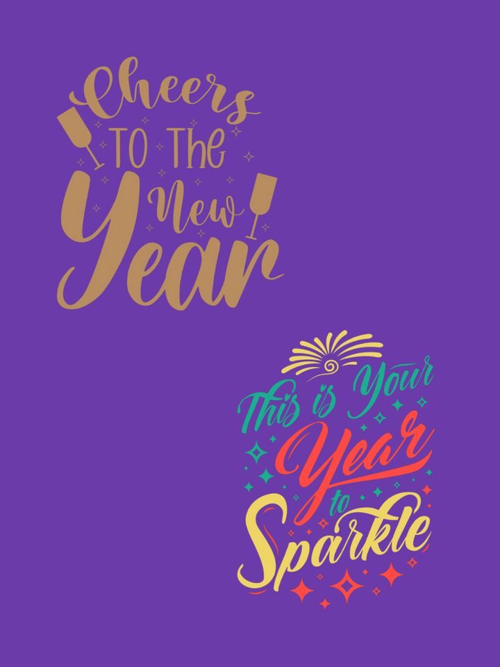 Cheers to The New Year and This is Your Year to Sparkle graphic design on a purple background. Plus Size Tees for women at Dale and Waters