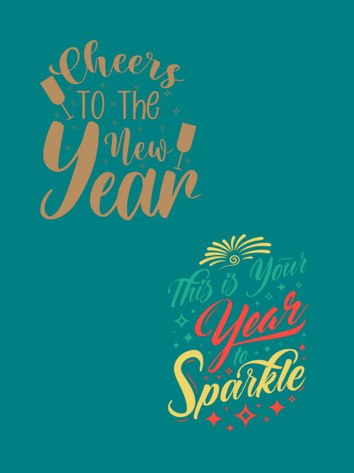 Cheers to the New Year and This is Your Year to Sparkle decorative text design. Plus Size Tees for women at Dale and Waters