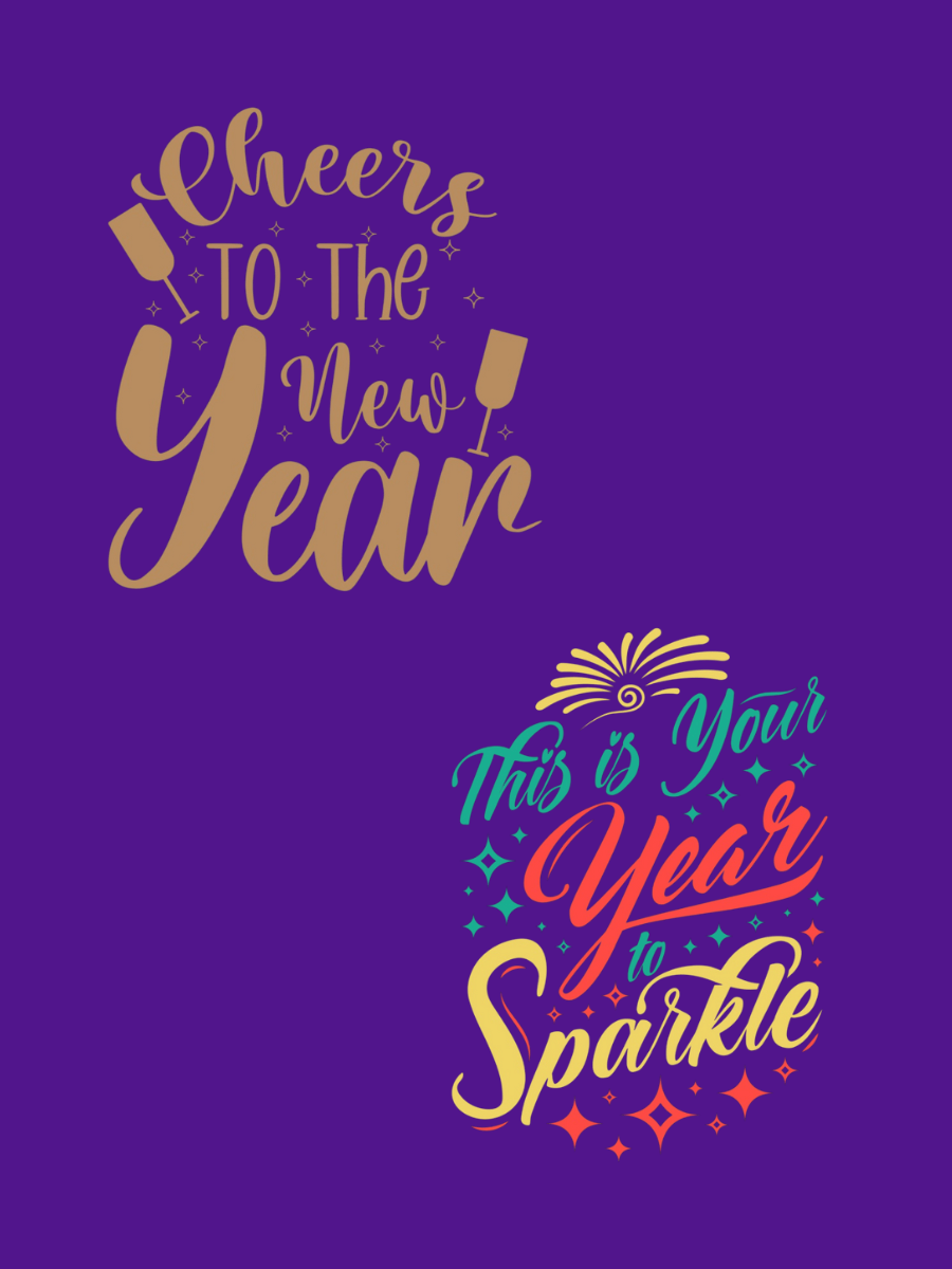 Cheers to the New Year and This is Your Year to Sparkle typography design on purple background.