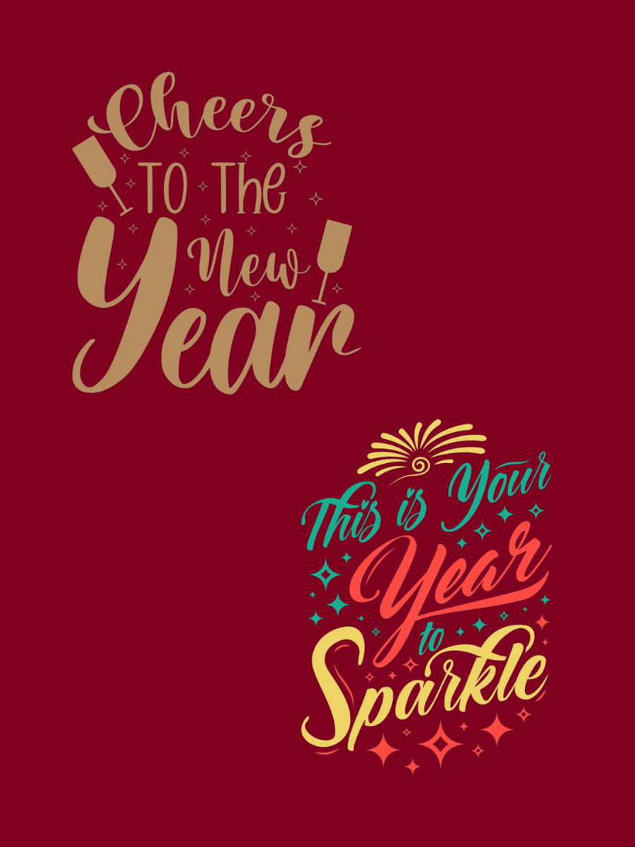Cheers to The New Year and This is Your Year to Sparkle festive graphics on maroon background. Plus Size Tees for women at Dale and Waters