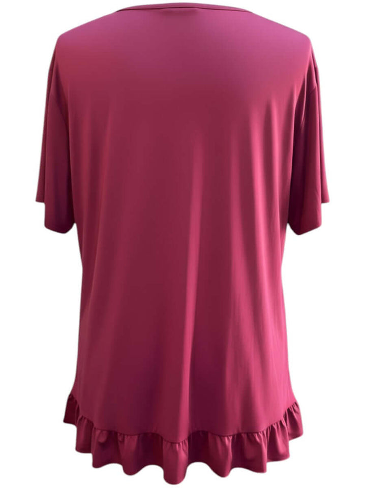 Back view of Women’s Plus Size Landra Top - Plum showcasing the flutter sleeves and ruffled hem detail.