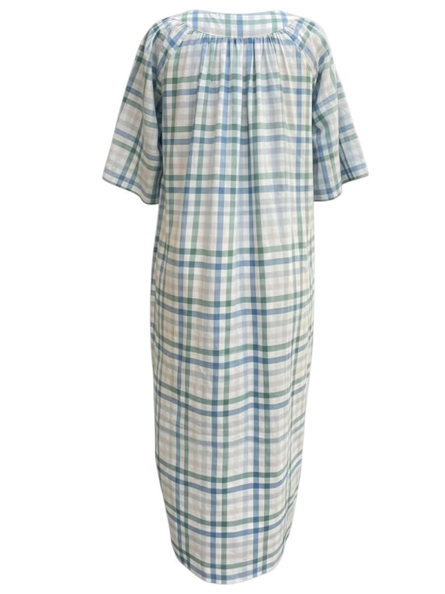 Parish Seersucker Dress - Blue Print showcasing a lightweight, breathable plus size dress for women, perfect for summer comfort.