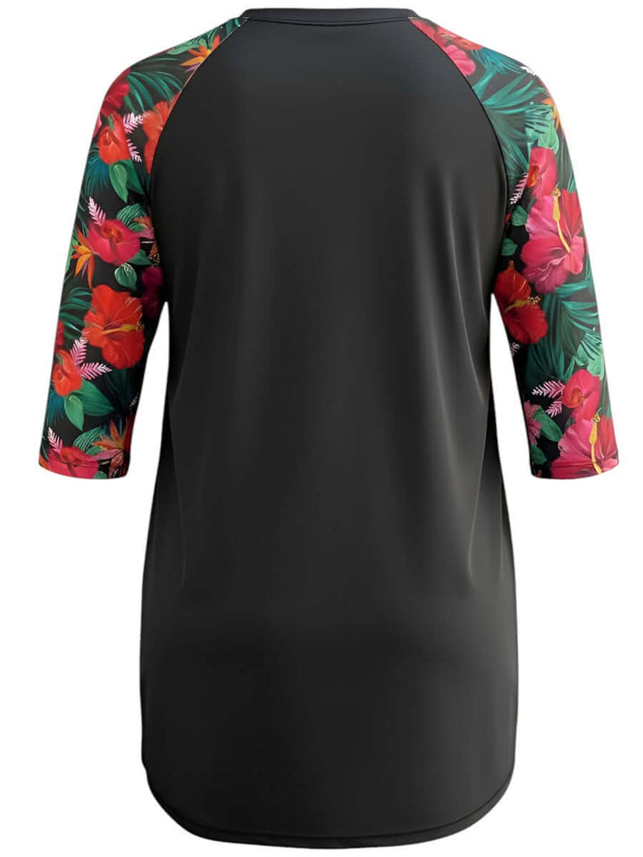 Hibiscus Bloom Tunic Swim Rashi - Black Print back view showing vibrant floral sleeves