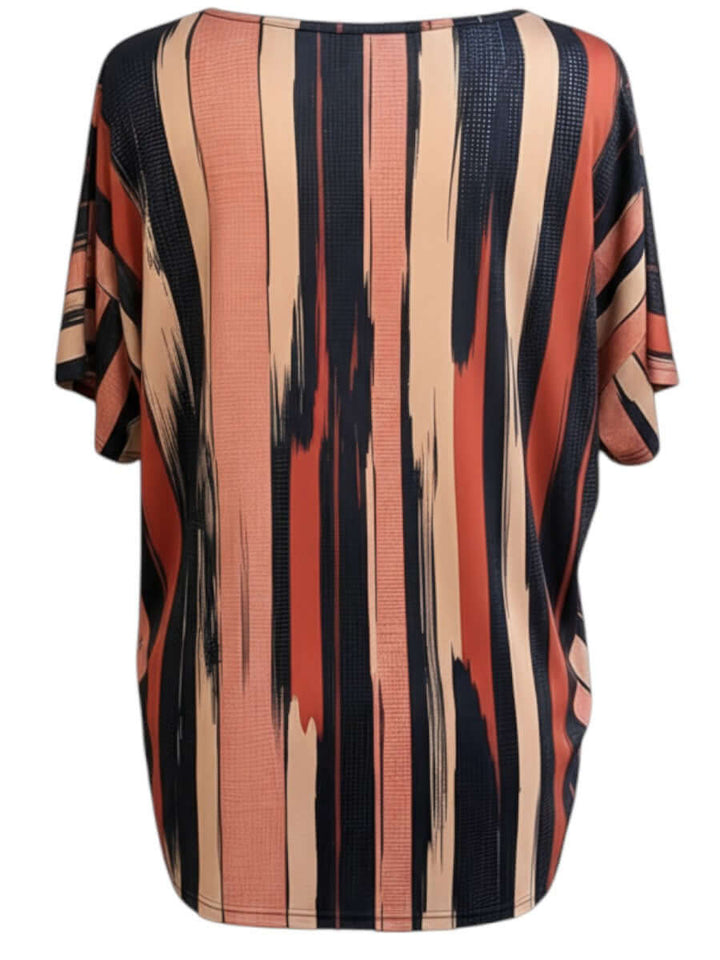 Women’s Plus Size Velma Top - Multi Print, lightweight summer top with vertical stripe pattern, back view.