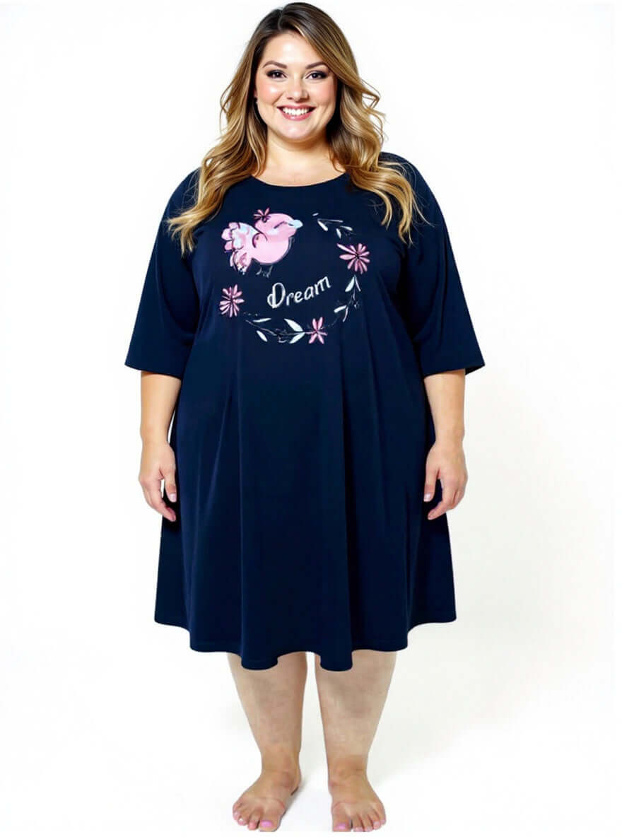 Women’s Plus Dreams Nightie in Navy by Dale and Waters, featuring a round neckline and floral graphic print.