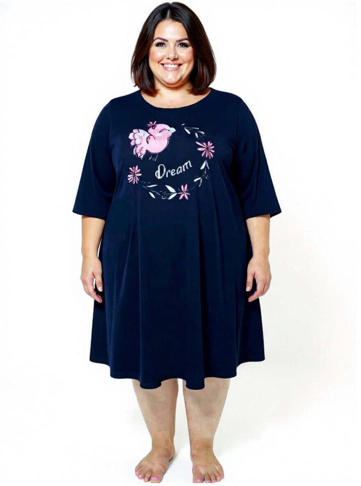 Women’s Plus Dreams Nightie in Navy with round neckline and ¾ sleeves, featuring a floral graphic print.