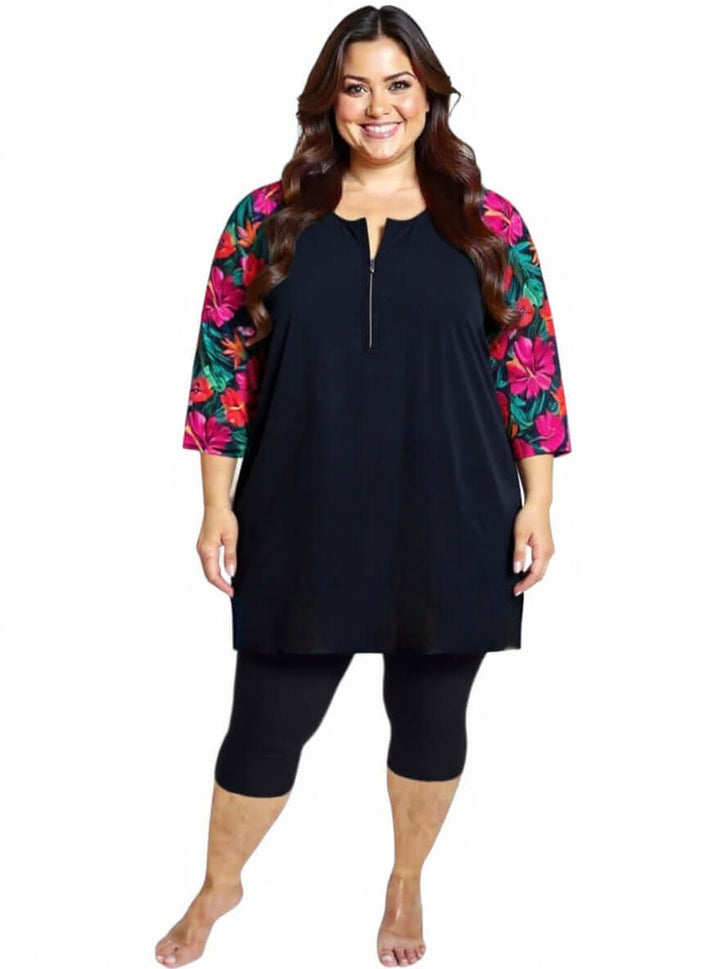 Hibiscus Bloom Tunic Swim Rashi - Black Print for women, plus size 16-50, featuring floral sleeves by Dale & Waters.