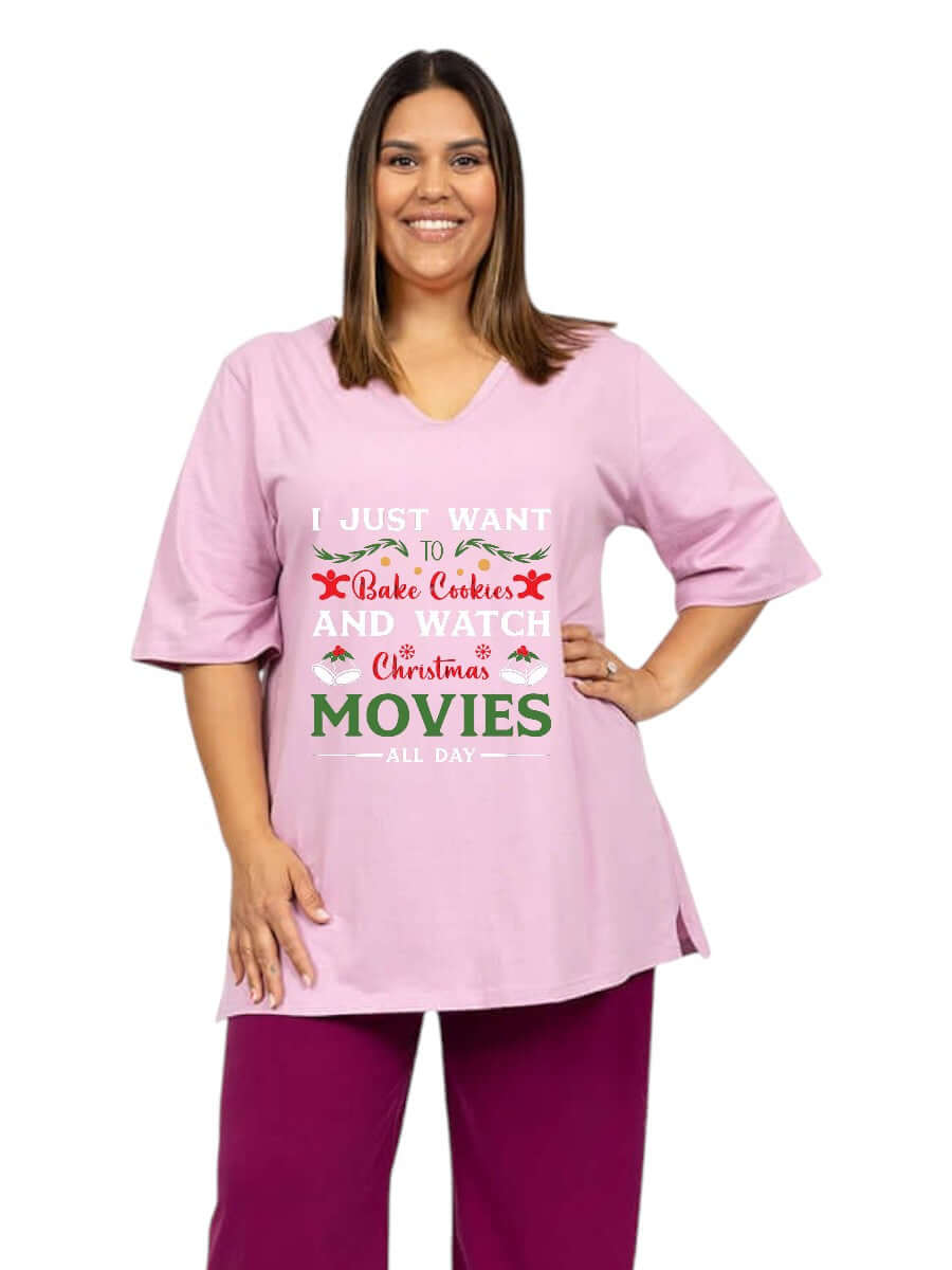 CHRISTMAS V-neck Tees - Cotton Spandex, pink tee with festive print, perfect for holiday lounging.