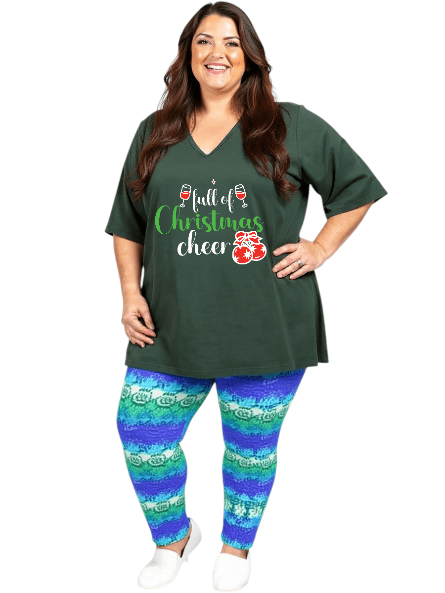 CHRISTMAS  V-neck Tees - Cotton Spandex featuring a design with 'full of Christmas cheer' graphic.