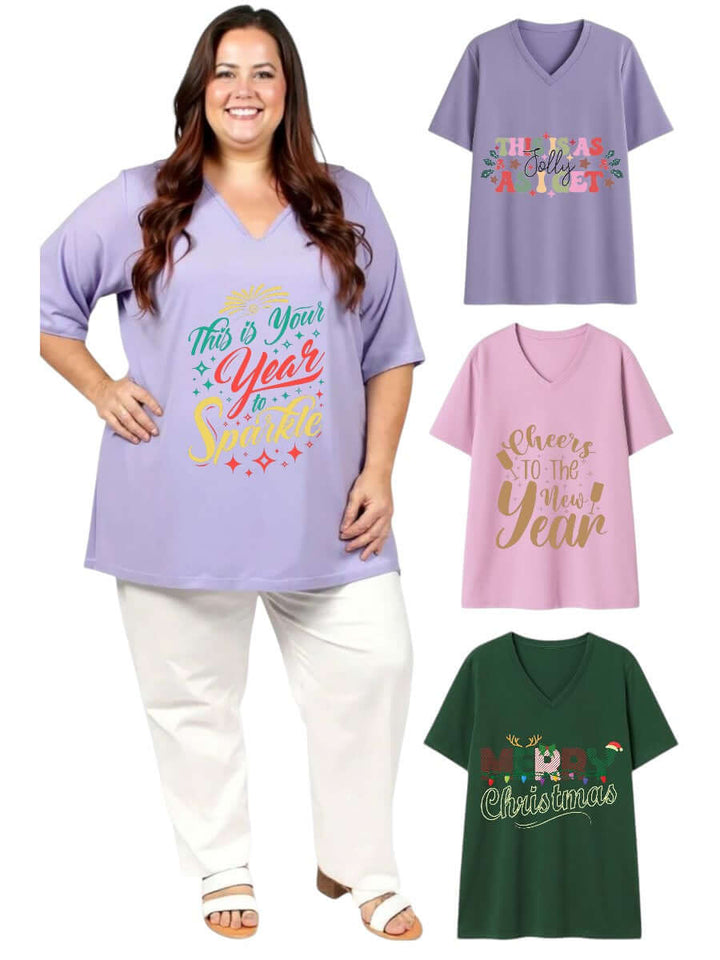 CHRISTMAS V-neck Tees - Cotton Spandex model showcasing three styles in various colors and prints.