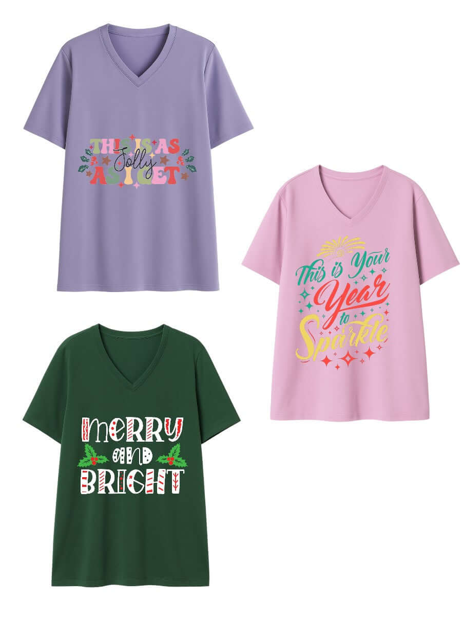 CHRISTMAS  V-neck Tees - Cotton Spandex in purple and green with festive designs, showcasing vibrant holiday prints.