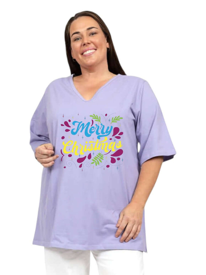 Merry Christmas design on CHRISTMAS V-neck Tees - Cotton Spandex worn by a woman, showcasing festive style.