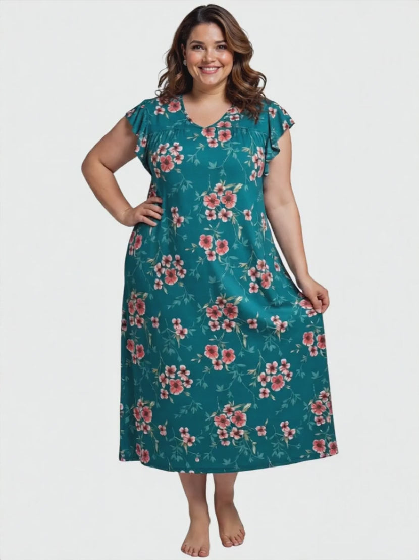 Electra Nightie - Green Print featuring a plus size woman in a floral sleep dress, perfect for women's fashion.