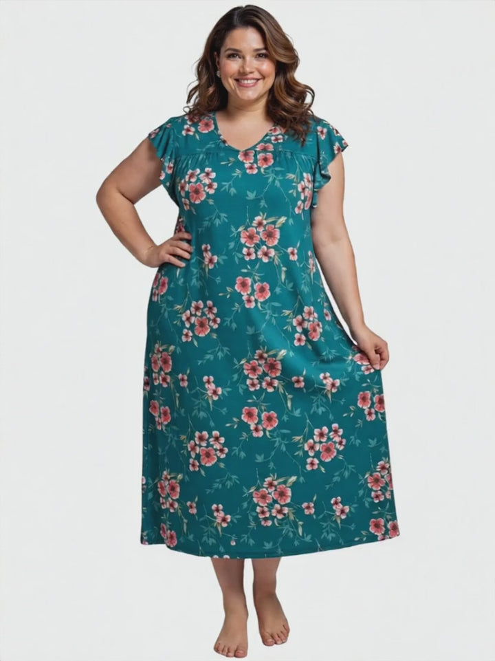 Electra Nightie - Green Print featuring a plus size woman in a floral sleep dress, perfect for women's fashion.