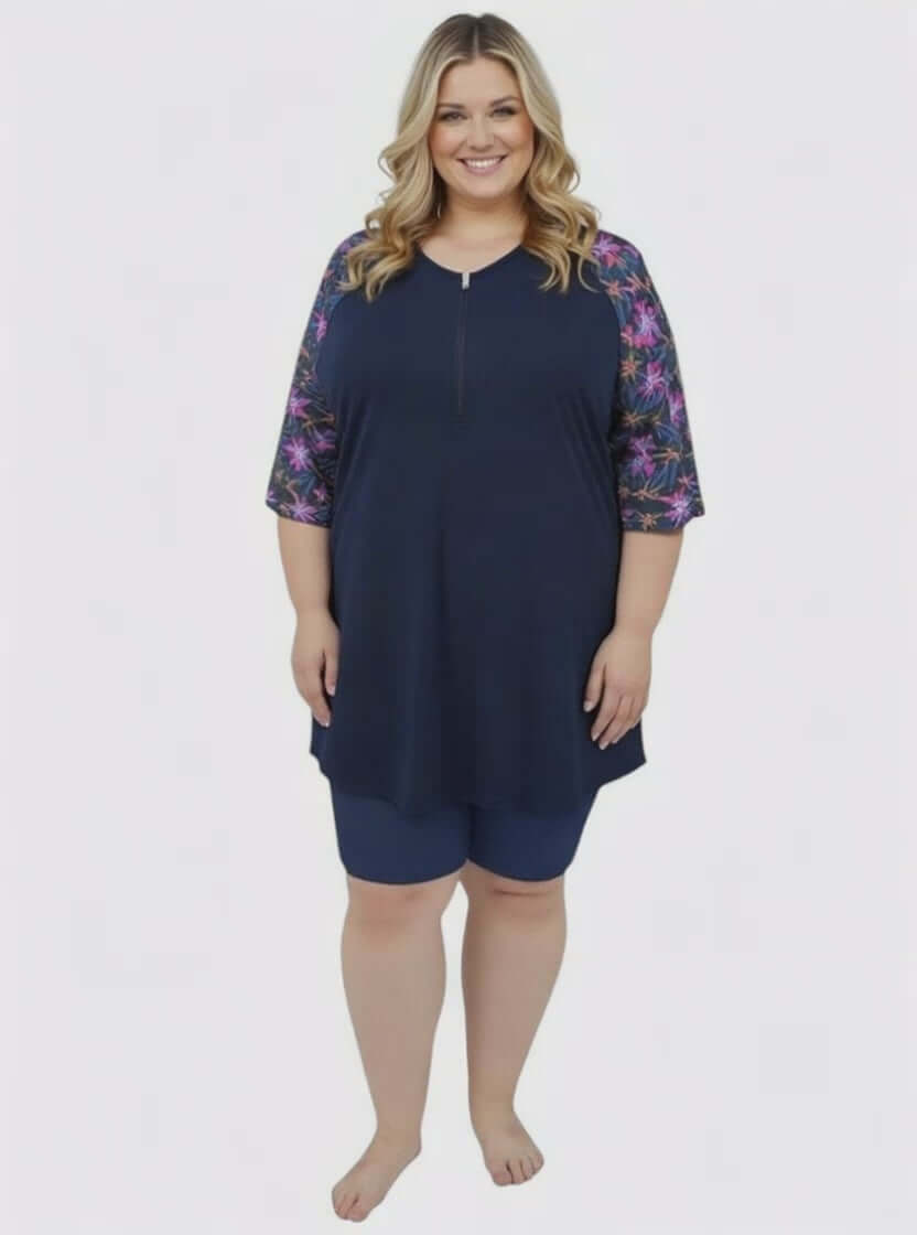 Tropical Twilight Swim Rashi Tunic - Navy