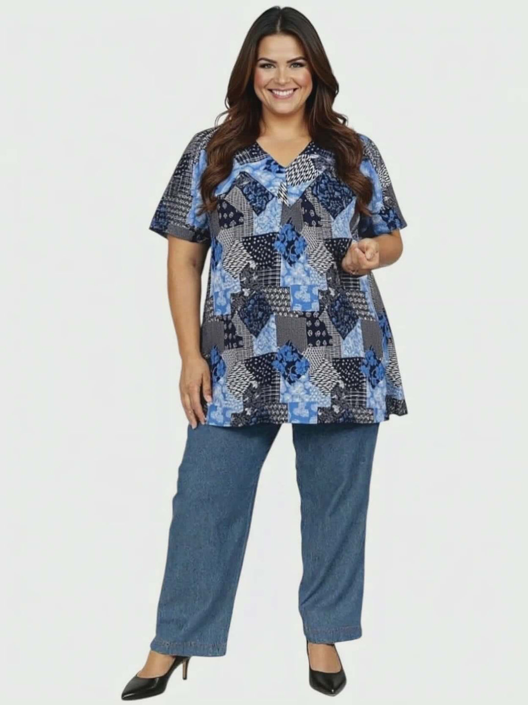 Sterling Fields Top - Patchwork Print on a plus size model, featuring a V-neckline and comfortable fit for women size 16-50.