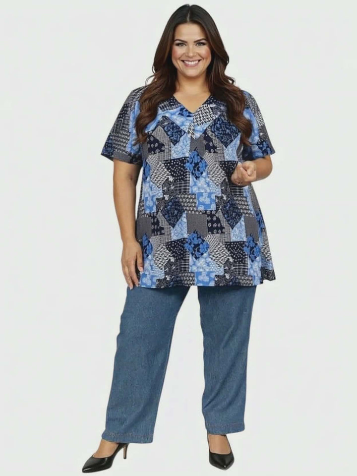 Sterling Fields Top - Patchwork Print on a plus size model, featuring a V-neckline and comfortable fit for women size 16-50.