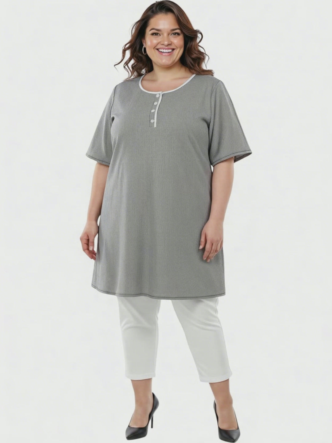 Arrington Swing Tunic - Black & White women's plus size style by Dale and Waters in size 16-50, showcasing comfortable A-line silhouette.