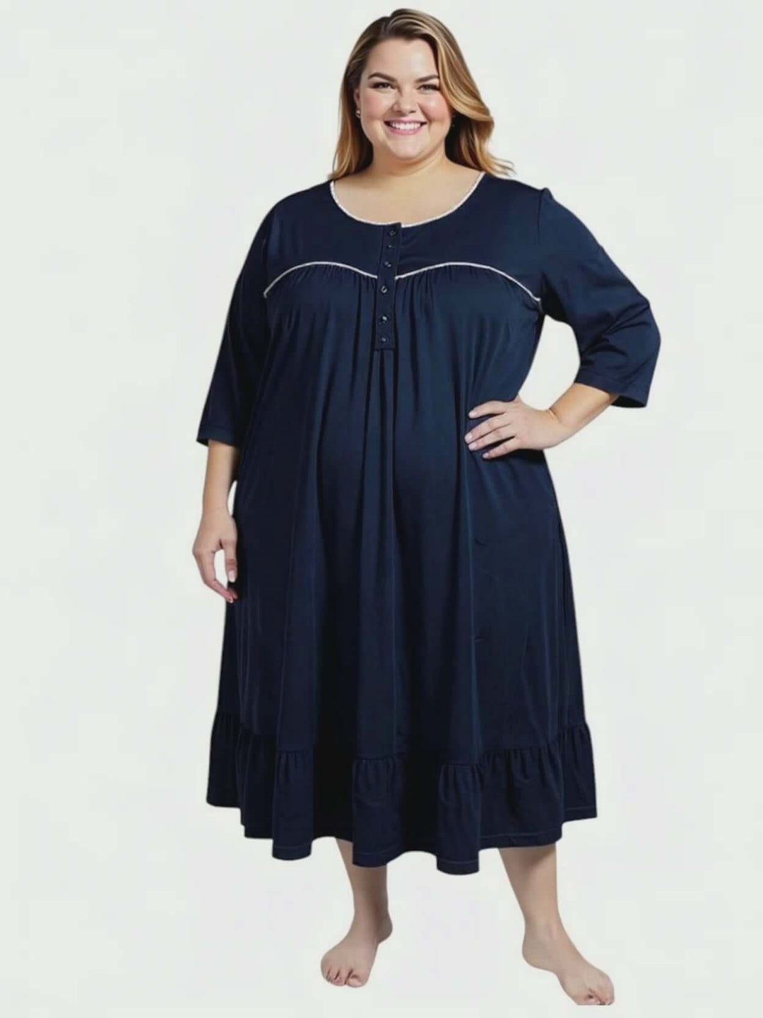 Women’s Plus Size Paxton Nightie - Navy with classic white piping and 3/4 sleeves for elegant comfort.