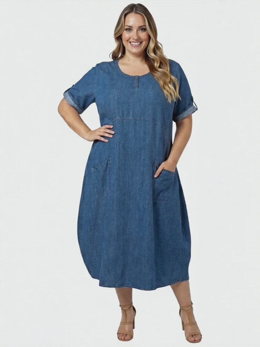 Marino Denim Tensil Dress - Tensil, women's plus size dress, indigo wash, midi-to-maxi length, fashionable and comfortable