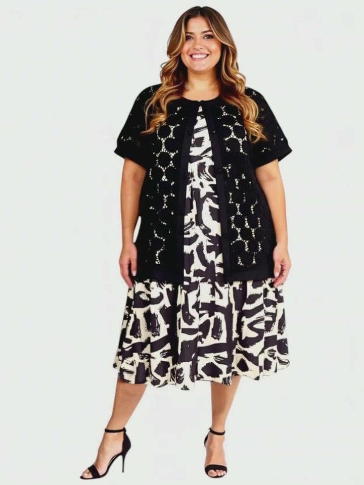 Women’s Plus Size Lasalle Jacket - Black worn over a patterned dress, showcasing comfort and style.