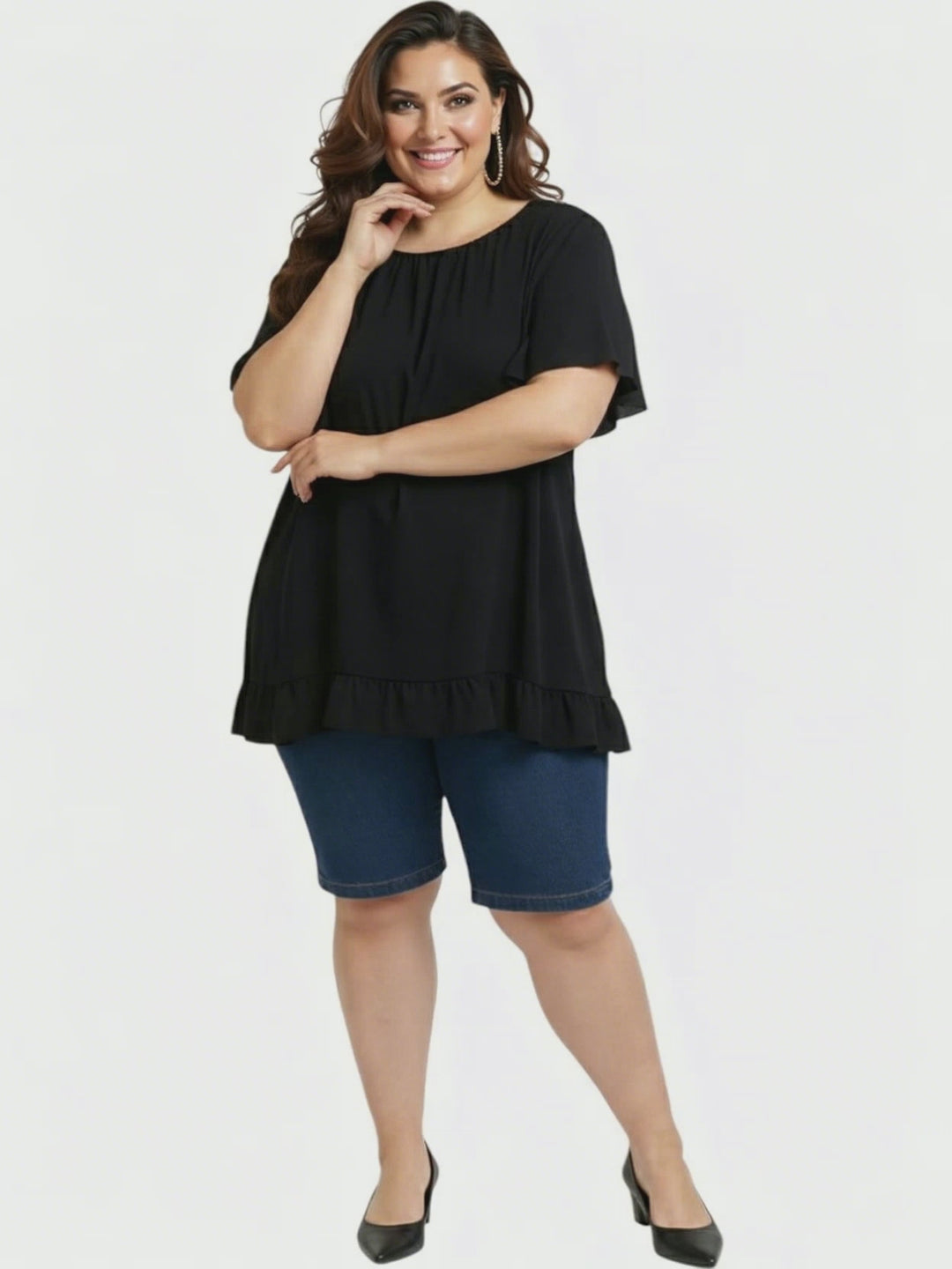 Landra Top - Black, plus size women's blouse by Dale and Waters, size 16-50, featuring flutter sleeves and ruffle hem.