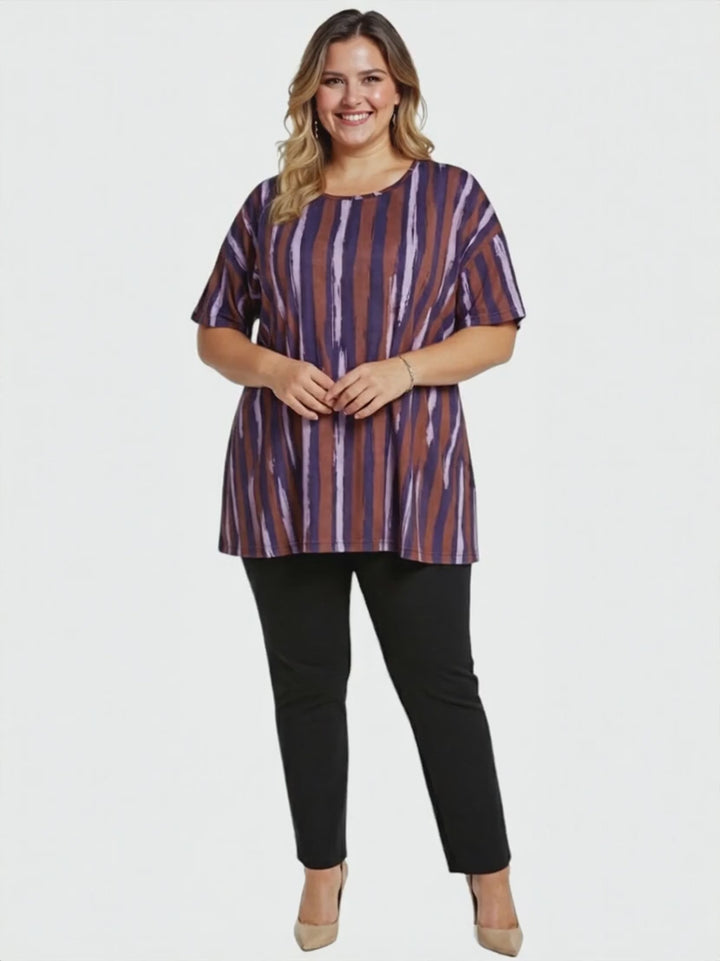 Women’s Plus Size Velma Top - Purple Print featuring distressed brushstroke stripes in plum and brown.