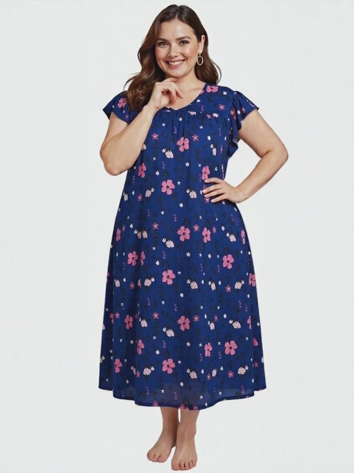 Electra Nightie - Blue Print for women fashion in plus size featuring a navy blue base with pink floral print.