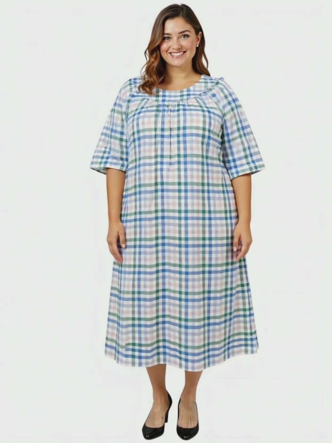 Parish Seersucker Dress - Blue Print, plus size women's dress, size 16-50, comfortable cotton fashion, Dale & Waters style.