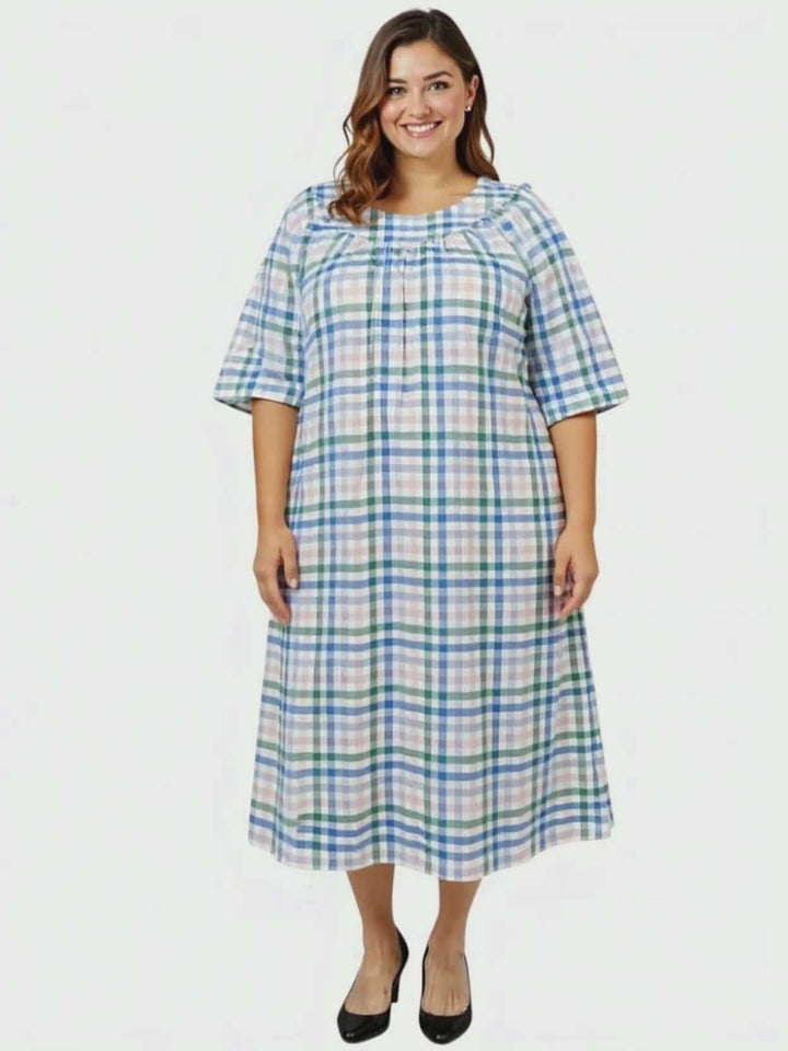 Parish Seersucker Dress - Blue Print, plus size women's dress, size 16-50, comfortable cotton fashion, Dale & Waters style.
