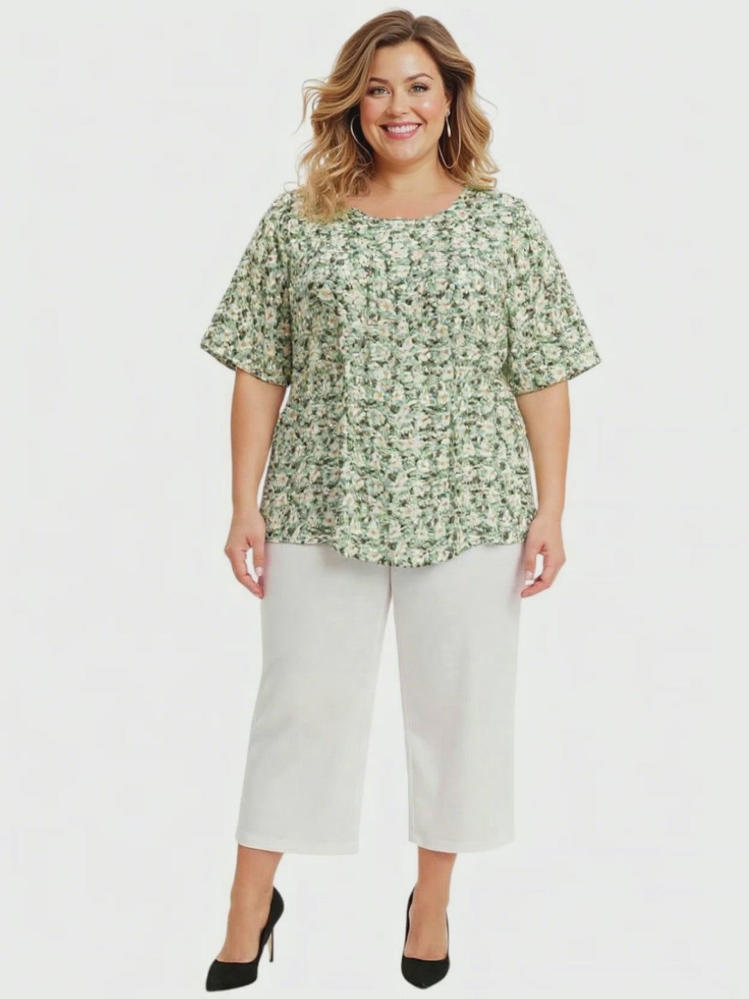 Mogan Bib Top - Green Print plus size women's top with floral design and relaxed fit by Dale and Waters in size 16-50.