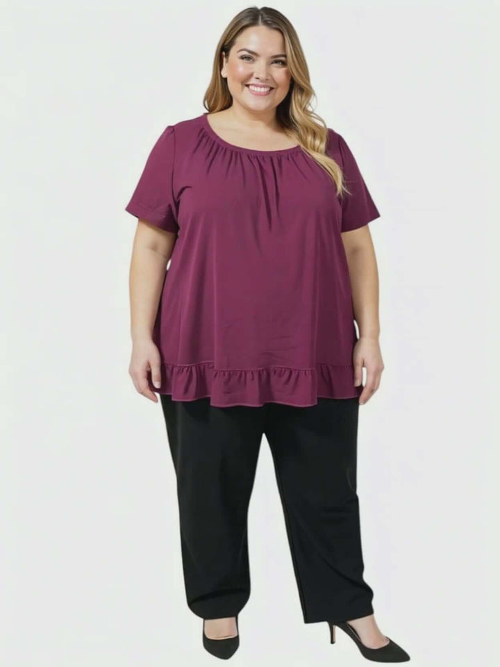 Women’s Plus Size Landra Top - Plum with a soft gathered neckline paired with black pants, perfect for summer style.