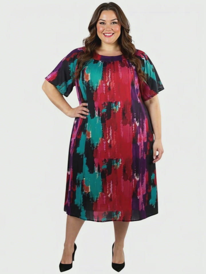 Plus size Holland Dress - Print by Dale and Waters featuring abstract brushstroke design in vivid pink, purple, and teal.