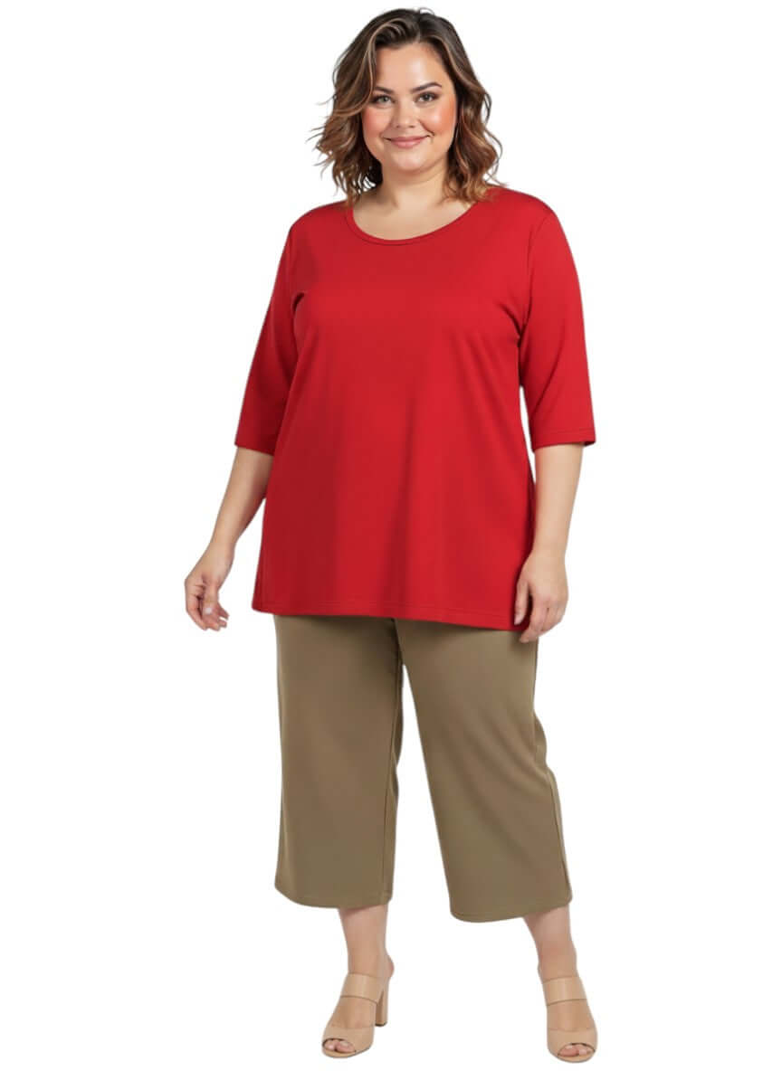 Everyday Tee - Red - Cotton Spandex model wearing size 16 in casual outfit by Dale and Waters.